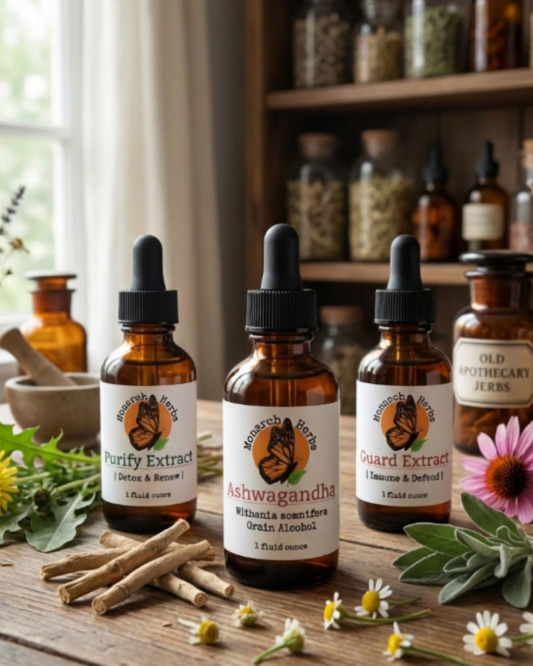 Monarch Herbs apothecary bottles with botanicals